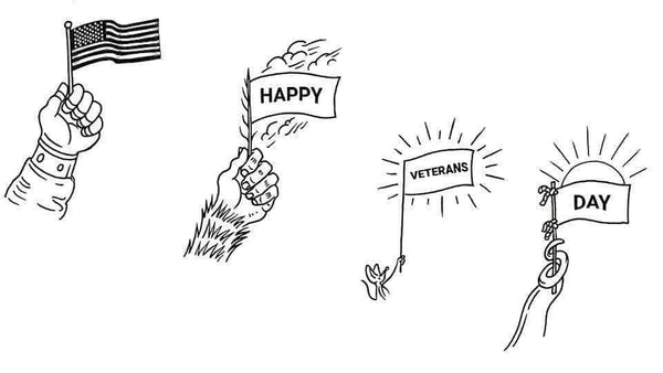 Four animated hands that are holding flags that spell out "Happy Veterans Day."