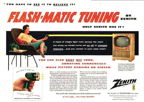 Old school ad for the first type of remote control, "the Flash-Matic tuning"